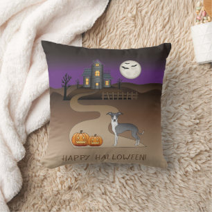 Coussin Iggy bleu et blanc et maison hantée Halloween