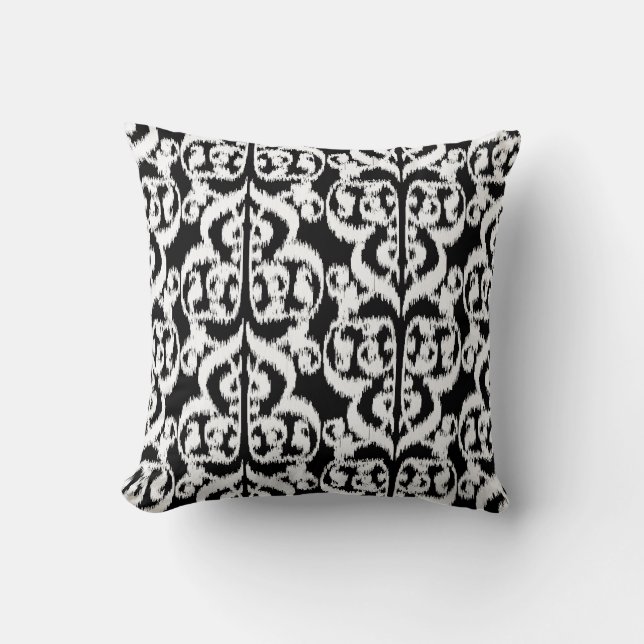 Coussin Ikat Damassé Mauresque - noir et blanc réversible (Recto)