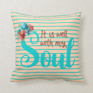 Coussin Il est bien avec ma turquoise et pêche d'âme