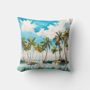Coussin Île Ensoleillée Arbres Palmiers Aquarelle Plage v4