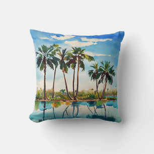 Coussin Île tropicale des Caraïbes Palmiers Aquarelle v1