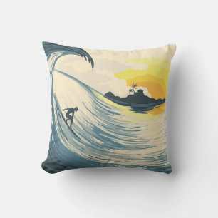 Coussin Île tropicale, vague, coucher de soleil de surfer.