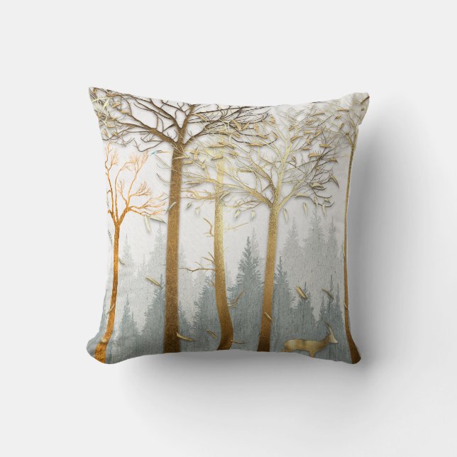Coussin illustration 3D, contours gris et or des arbres,  (Recto)