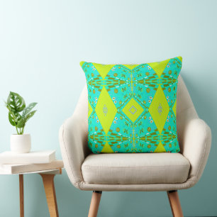 Coussin Illustration Bohème Chintz Turquoise Olive Blue