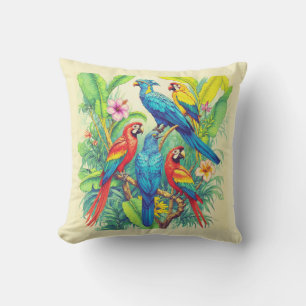 Coussin Illustration botanique d'oiseaux tropicaux