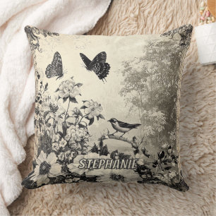 Coussin Illustration botanique sépia Oiseaux Papillons Vin