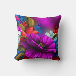 Coussin Illustration d'art numérique florale néon vibrante