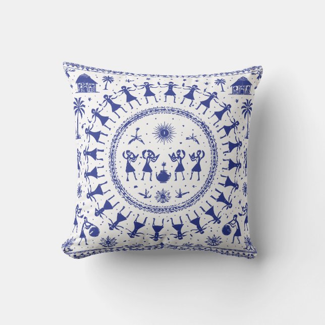 Coussin Illustration d'art tribal indien Warli (Recto)