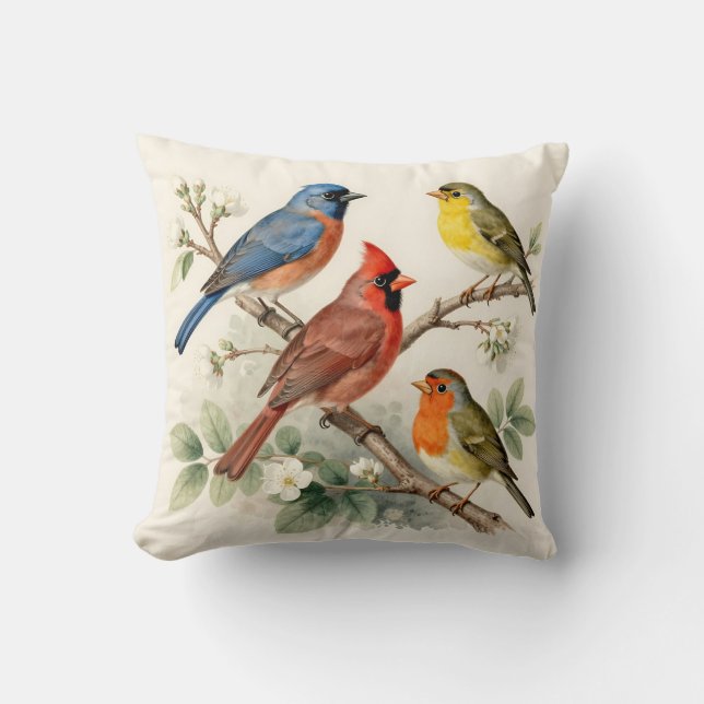 Coussin Illustration de branche fleurie avec oiseaux chant (Recto)