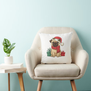 Coussin Illustration de cadeau de Noël Pug mignon Santa