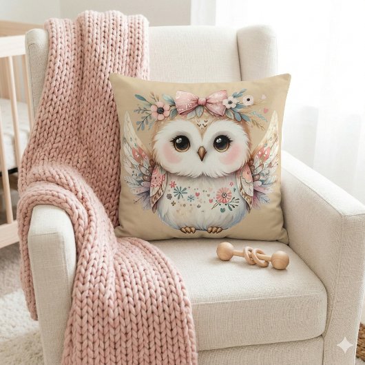 Coussin Illustration de chouette kawaii boho
