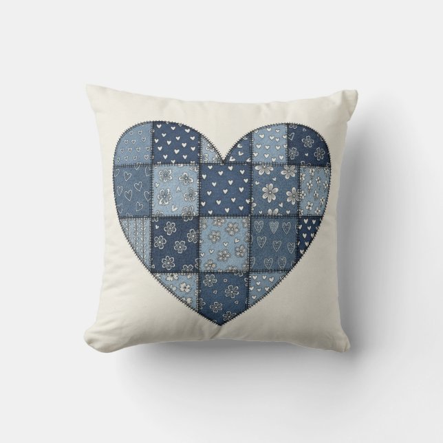 Coussin Illustration de cœur en patchwork de denim bleu ru (Recto)