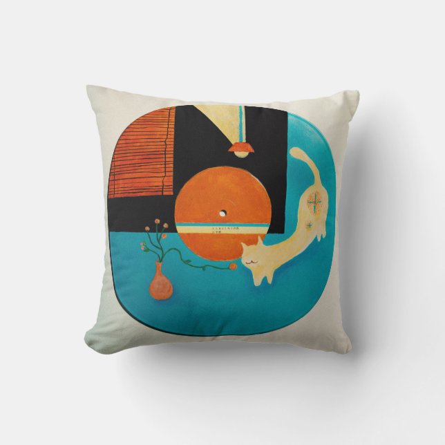 Coussin Illustration de disque rétro de chat qui s'étire (Recto)