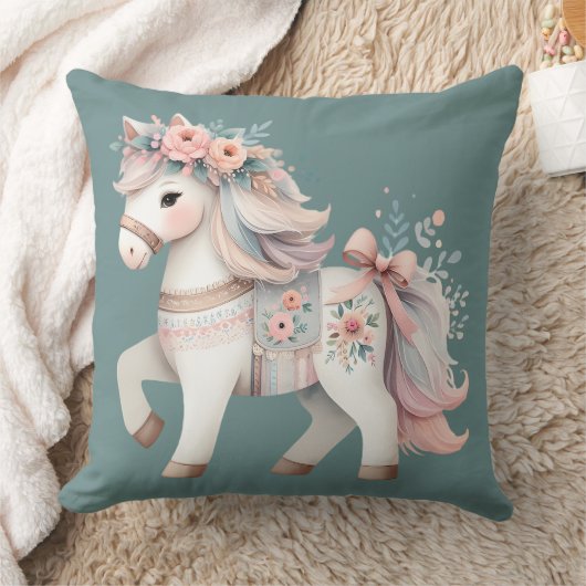 Coussin Illustration de fantasy de cheval pastel floral (Couverture)