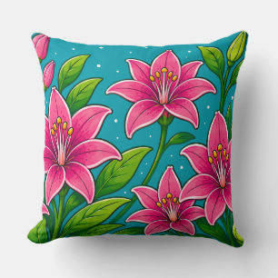 Coussin Illustration de fleurs de lys roses avec feuillage