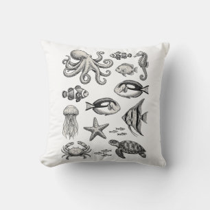 Coussin Illustration de gravure de la vie océanique vintag