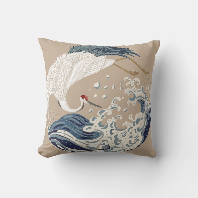 Coussin Illustration de grue et vague japonaise. Tradition (Recto)