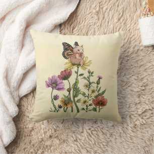 Coussin Illustration de jardin floral avec un lapin mignon