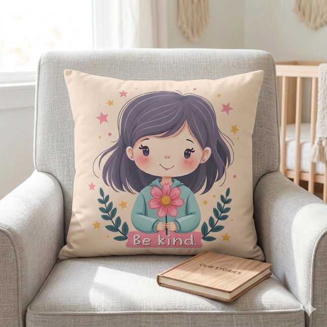 Coussin Illustration de Kawaii "Be Kind" - Art Intéressant (Cute Kawaii Be Kind Illustration Throw Pillow Mockup A)