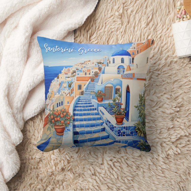 Coussin Illustration de l'île de Santorin | Art du voyage (Couverture)