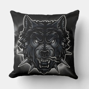Coussin Illustration de loup féroce avec collier à pointes