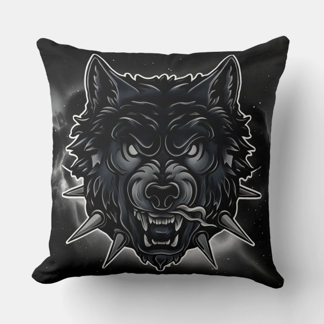 Coussin Illustration de loup féroce avec collier à pointes (Recto)