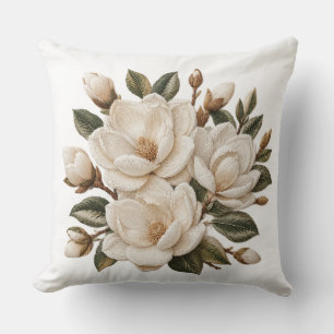Coussin Illustration de magnolia blanche brodée en faux 3D