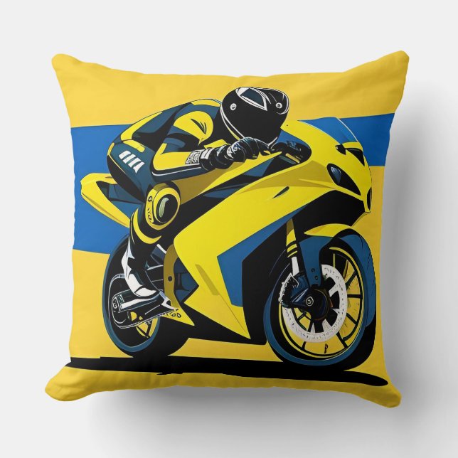 Coussin Illustration de moto de course jaune et de pilote (Recto)