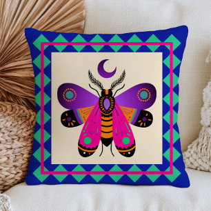 Coussin Illustration de papillon de nuit avec lune croissa