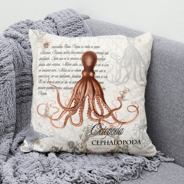 Coussin Illustration de pieuvre rouge Vintage marine (Modern Vintage Nautical Octopus Throw Pillow for Your Coastal Decor )