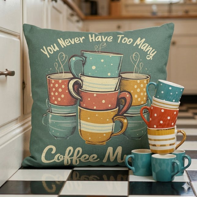 Coussin Illustration de pile de tasses à café rétro (Retro Coffee Mug Stack Illustration Throw Pillow With Stack of Mugs)