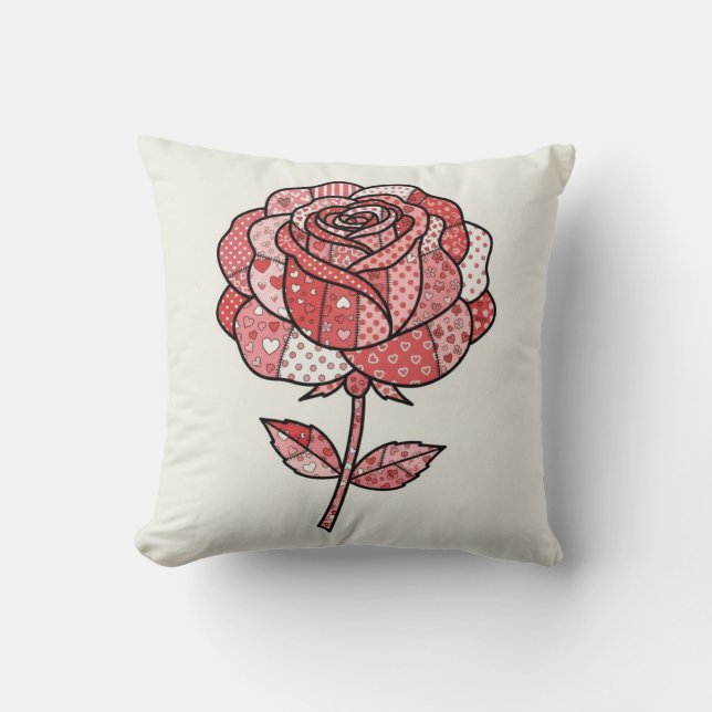 Coussin Illustration de rose patchwork rouge et rose roman (Recto)