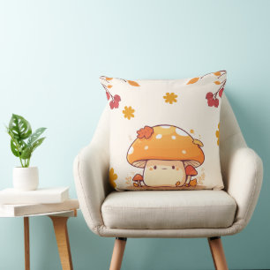 Coussin Illustration du champignon Kawaii Orange Cute