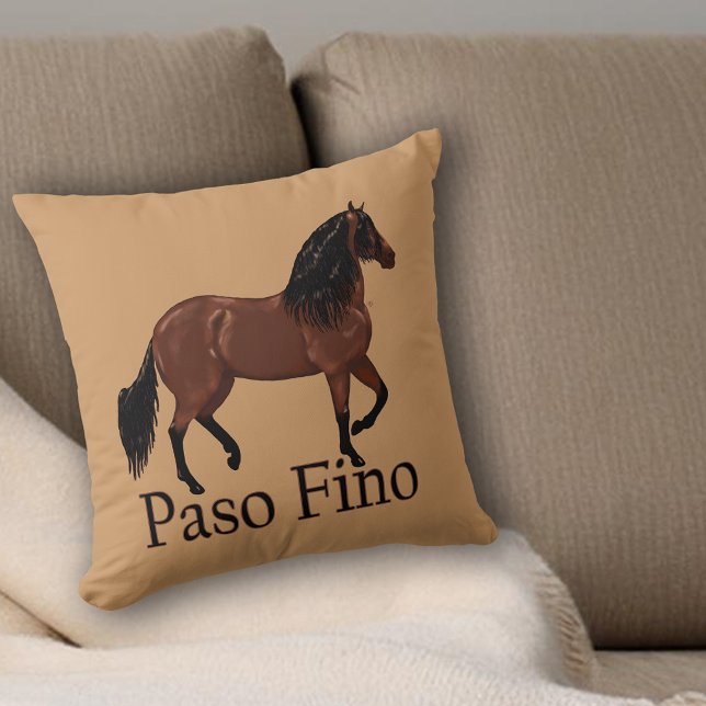 Coussin Illustration du Cheval Paso Fino Equestrian (Tan throw pillow with illustrated Paso Fino horse and bold text, rustic equestrian home décor accent)