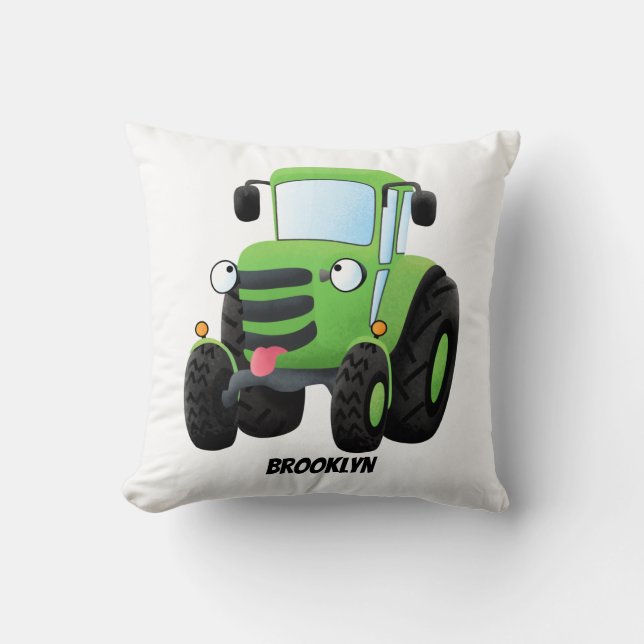 Coussin Illustration du joli joyeux tracteur agricole vert (Recto)