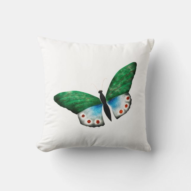 Coussin Illustration du papillon vert bleu vintage (Recto)