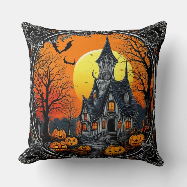 Coussin Illustration d'une maison hantée avec des Jack-O-L (Recto)