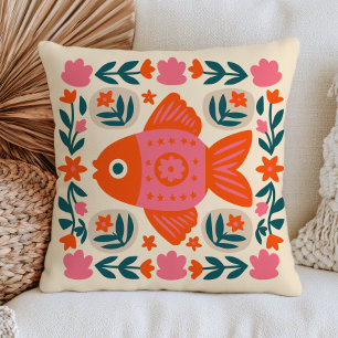 Coussin Illustration Éclectique de Poisson Rouge Floral Bo