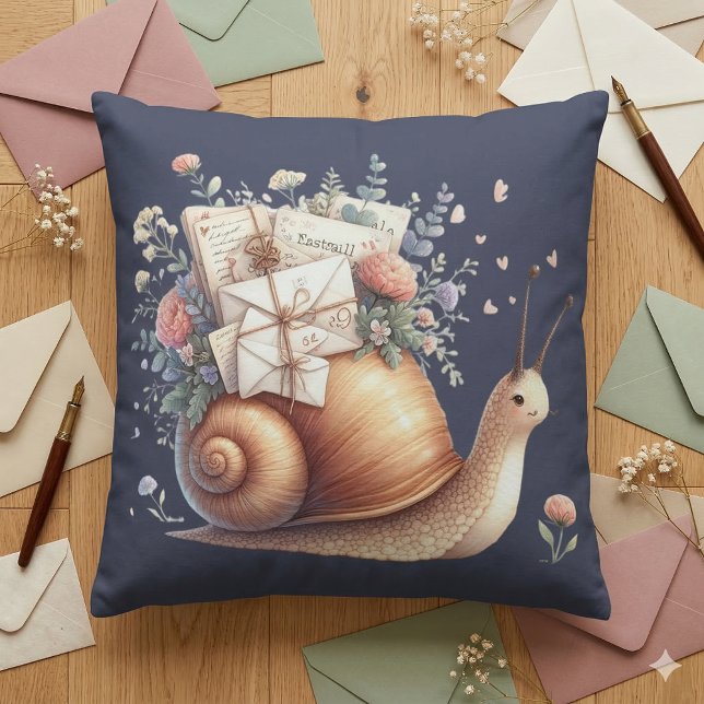 Coussin Illustration Floral Pastel du mignon Snail Mail (Cute Snail Mail Floral Pastel Illustration Throw Pillow Mockup A)