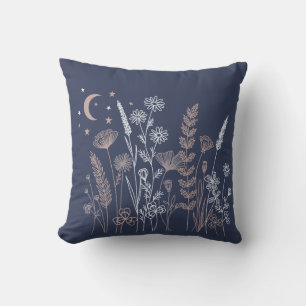 Coussin Illustration florale de ciel nocturne Boho – Lune,