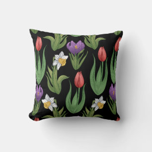 Coussin Illustration florale de printemps colorée sur noir