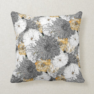 Coussin Illustration florale mignonne jaune et gris