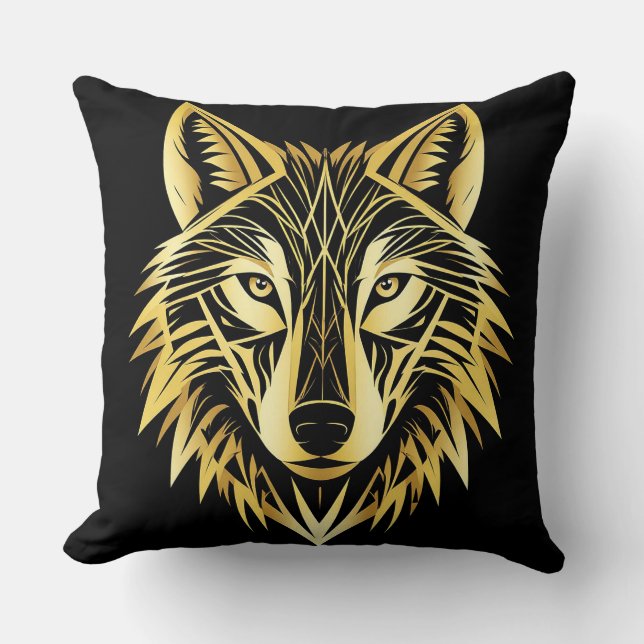 Coussin Illustration géométrique de loup doré (Recto)