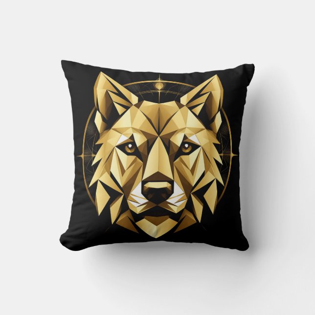 Coussin Illustration géométrique de loup doré (Recto)