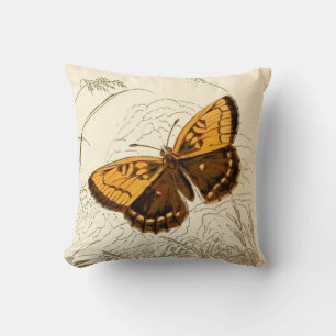 Coussin Illustration papillon vintage, or et Brown