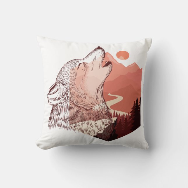 Coussin Illustration vectorielle d'un loup hurlant Paysage (Recto)