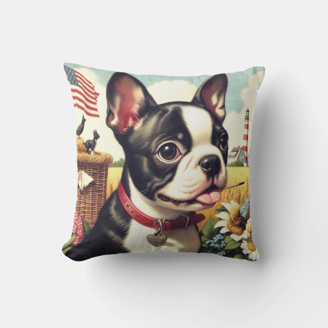 Coussin Illustration vintage Boston Terrier (Recto)