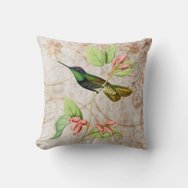 Coussin Illustration Vintage de colibri vert (Recto)