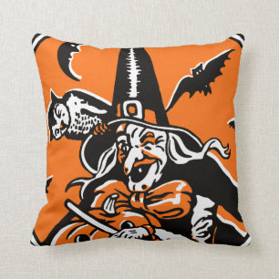 Coussin Illustration Vintage de la sorcière d'Halloween et