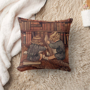 Coussin Illustration vintage d'enfants lisant à la bibliot
